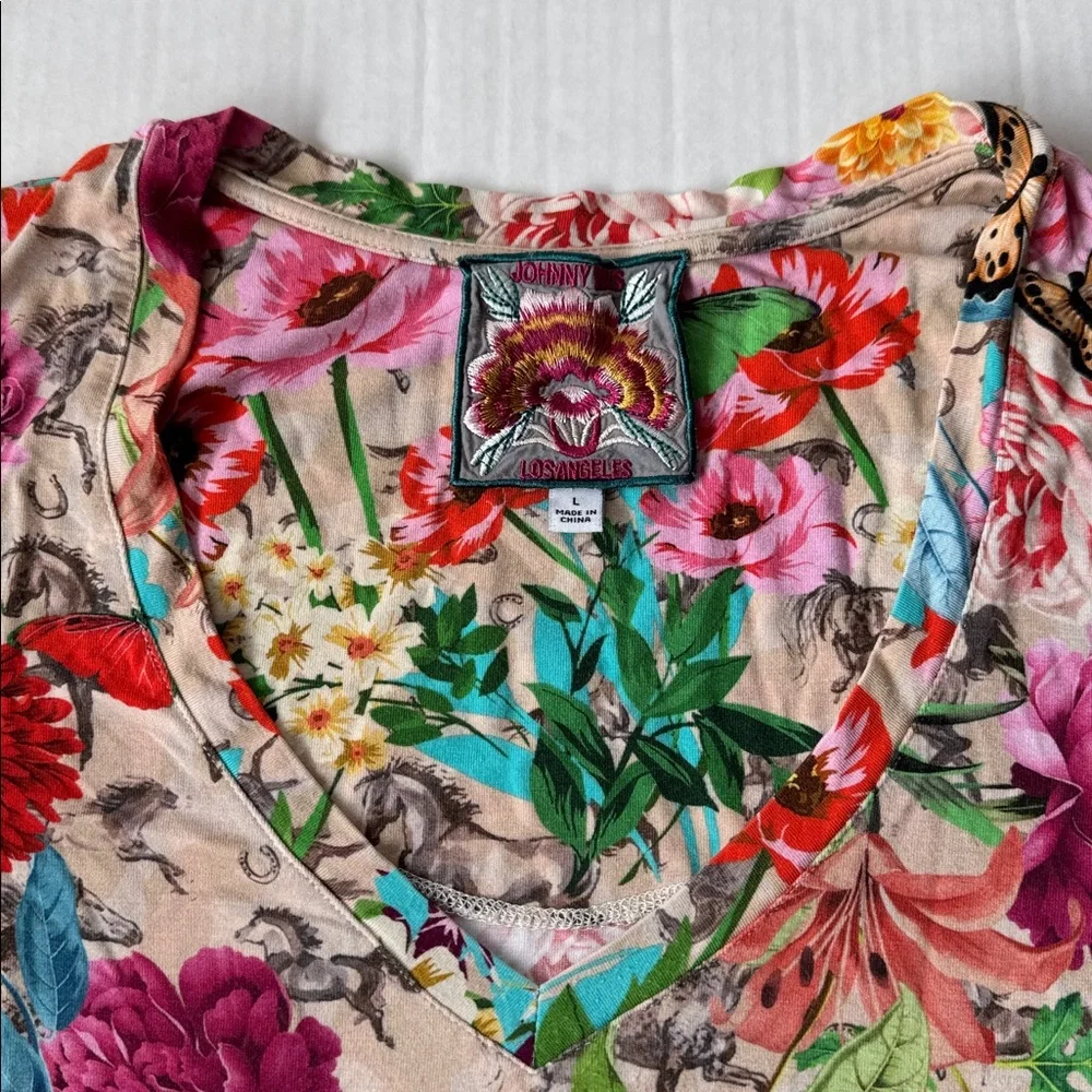 Johnny Was Multicolor Floral Short Sleeve V-Neck Tee - Picture 3 of 8
